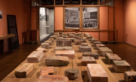 Bricks from the rubble of Warsaw on a display table