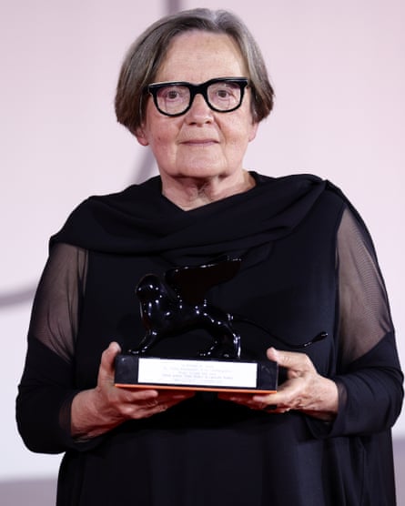 Agnieszka Holland receives her special jury prize award for Green Border at the Venice film festival this month.