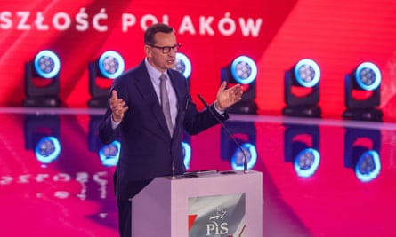The Polish prime minister, Mateusz Morawiecki, speaks at the Law and Justice (PiS) party convention under the slogan ‘Safe Poland’ at the Spodek sports and entertainment hall in Katowice, Poland.