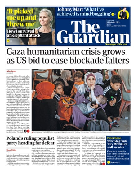 Front page of the Guardian on 17 October 2023