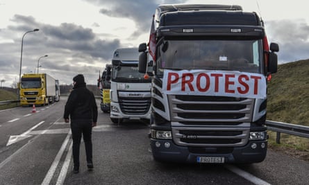 Lorries stand in a queue at the Polish-Ukrainian border at the Polish-Ukrainian border in Hrebenne, south-eastern Poland.