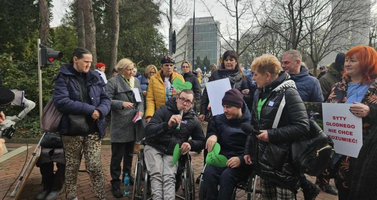 Disabled people protest outside parliament demanding Polish government fulfil pre-election promise