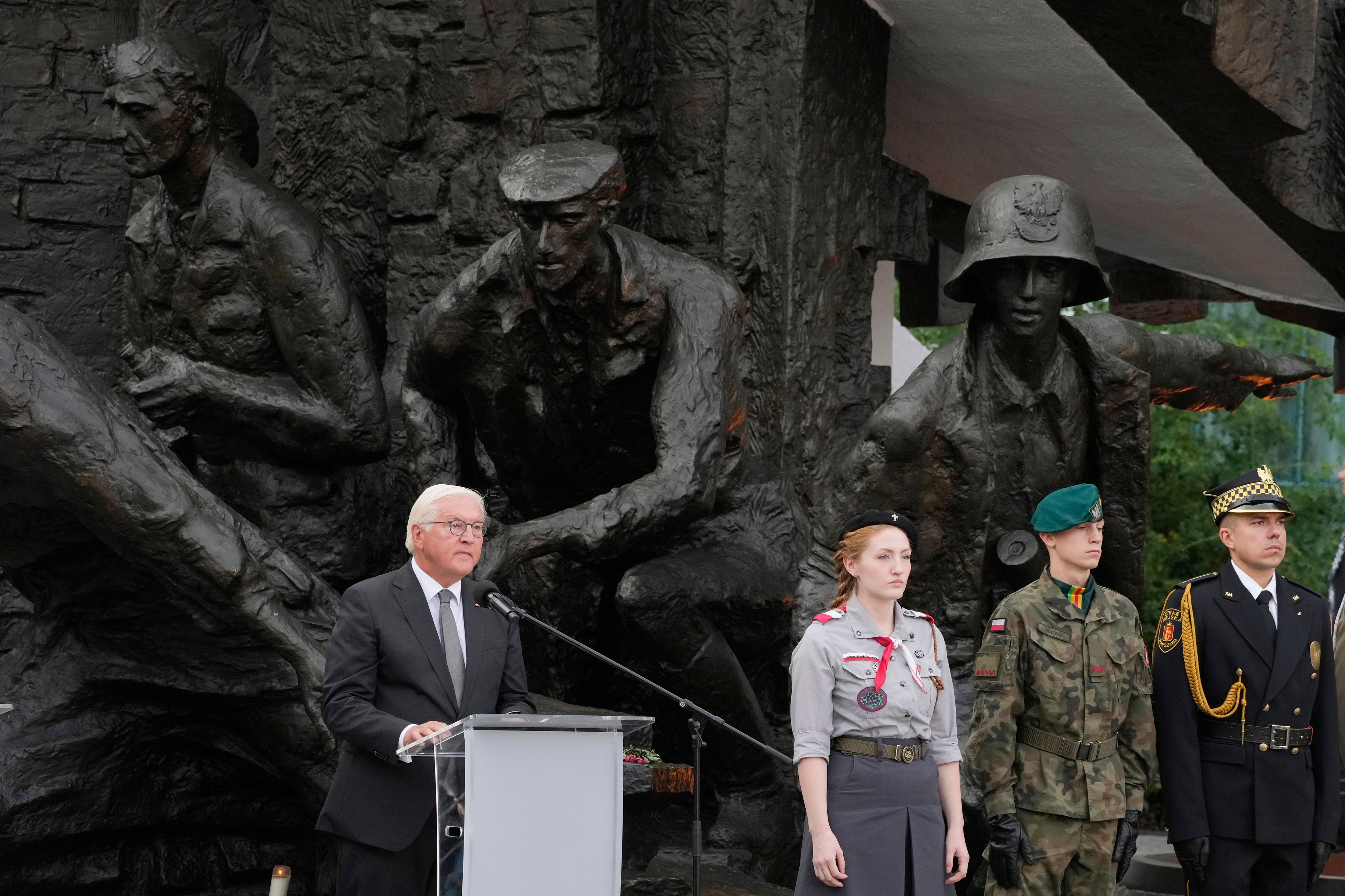 German President Frank-Walter Steinmeier speaks at commemorations to the Warsaw Uprising on the eve of the 80th anniversary of the doomed revolt against occupying German forces during World War II, in Warsaw, Poland, on Wednesday, July 31, 2024