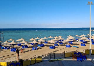 A general view of the beach closed due to bad weather conditions at the Egyptian Red Sea resort of Hurghada after a tourist boat sank off Red Sea coast